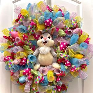 Mesh ribbons Easter wreath with Disney bunny plush